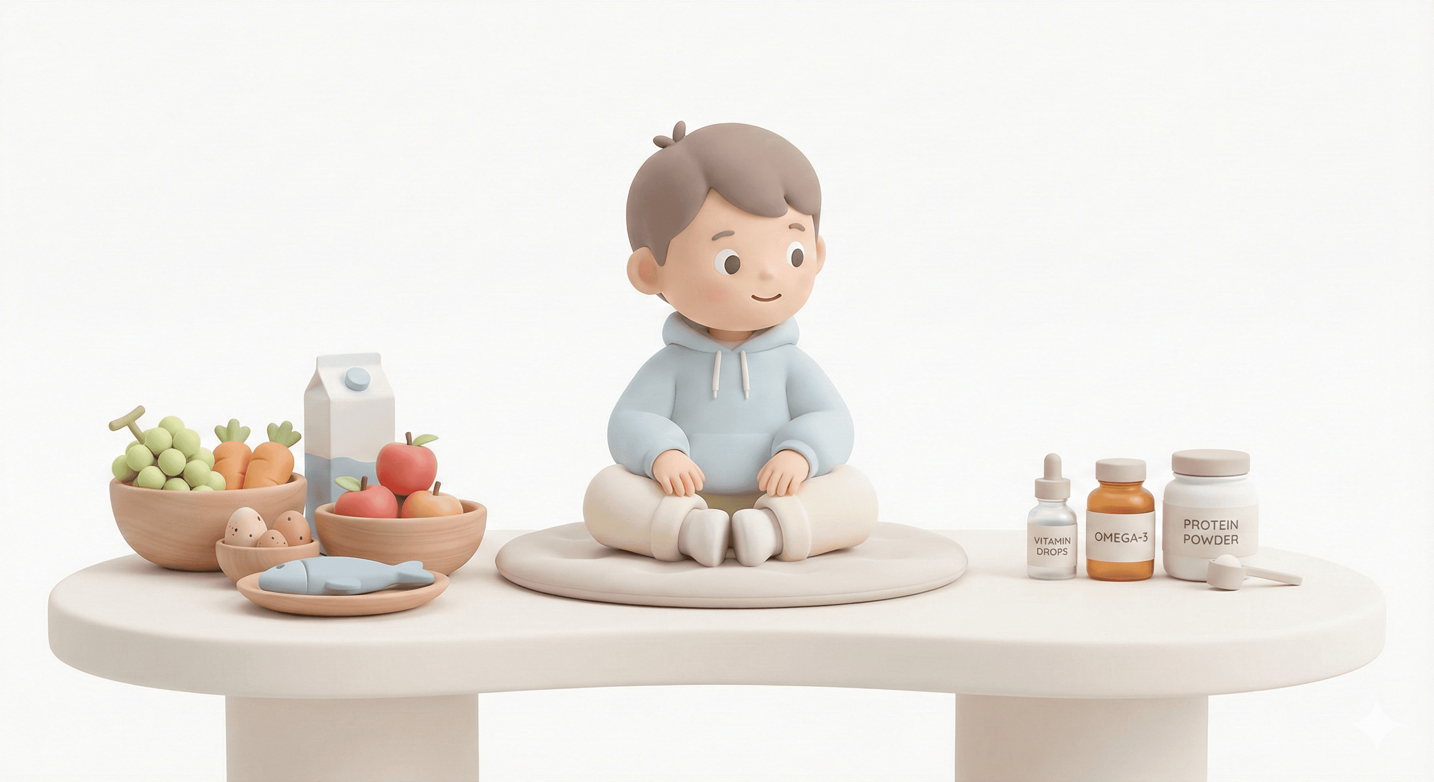 کودک نشسته میان مواد غذایی سالم و مکمل‌ها؛ تصویر پاستلی درباره تغذیه و رشد کودک