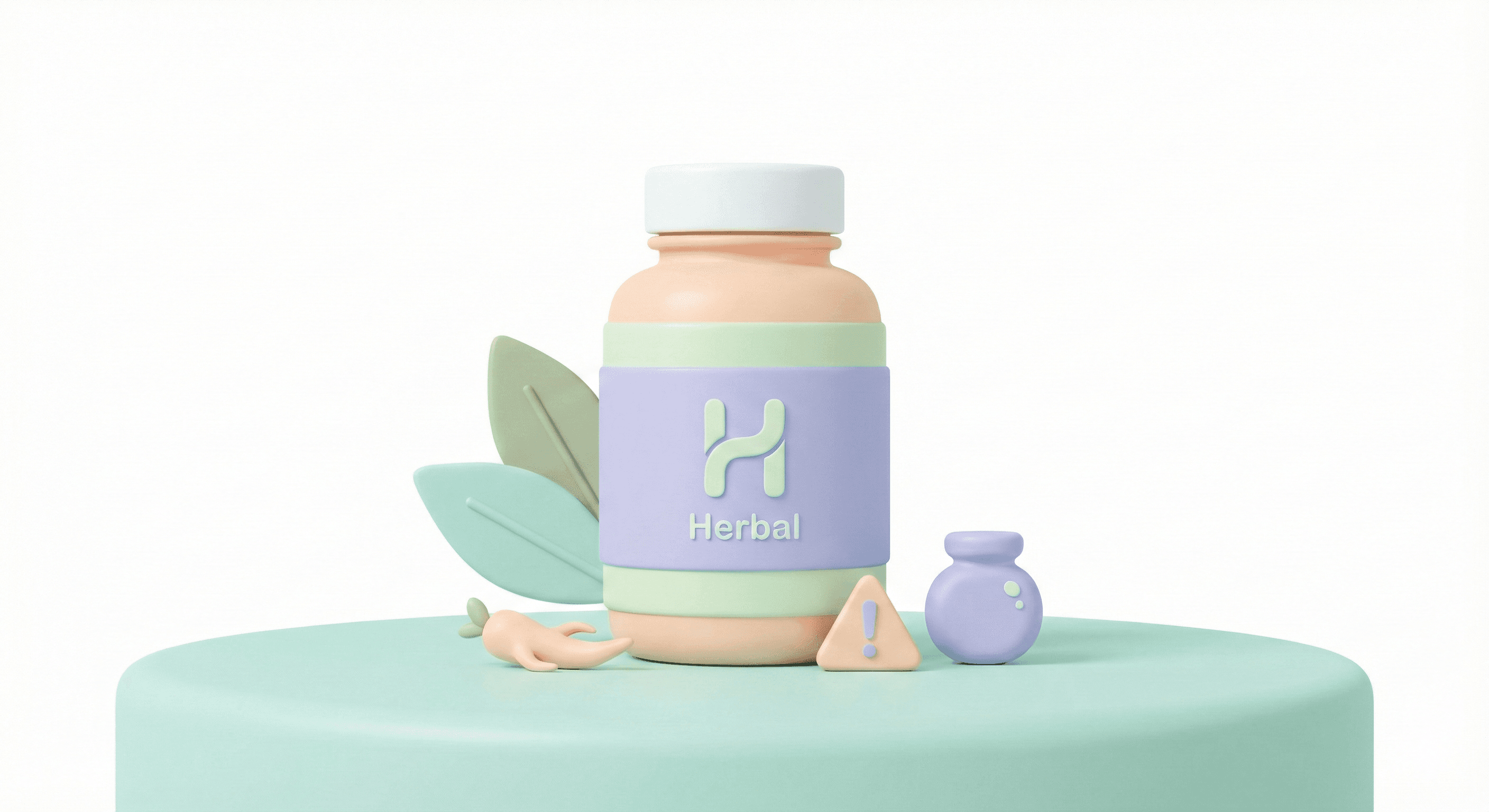 مکمل گیاهی برای بهبود سلامت کودکان همراه با نماد برگ و هشدار در سبک پاستلی