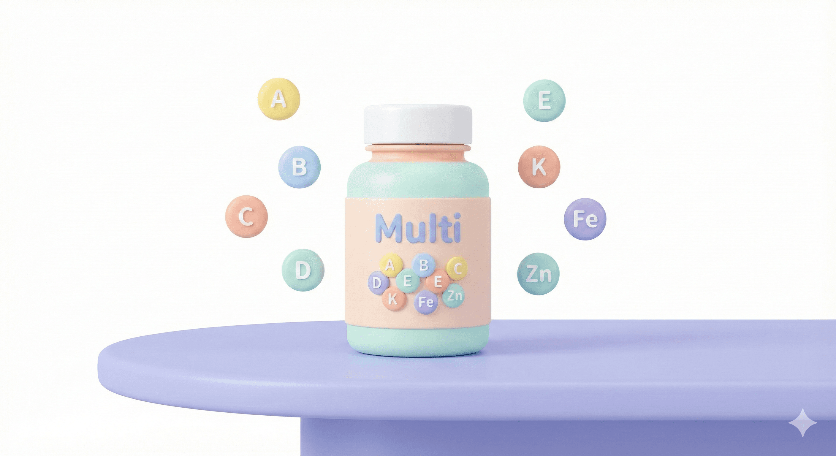 مولتی‌ویتامین کودکان شامل ویتامین‌ها و مواد معدنی ضروری در سبک پاستلی