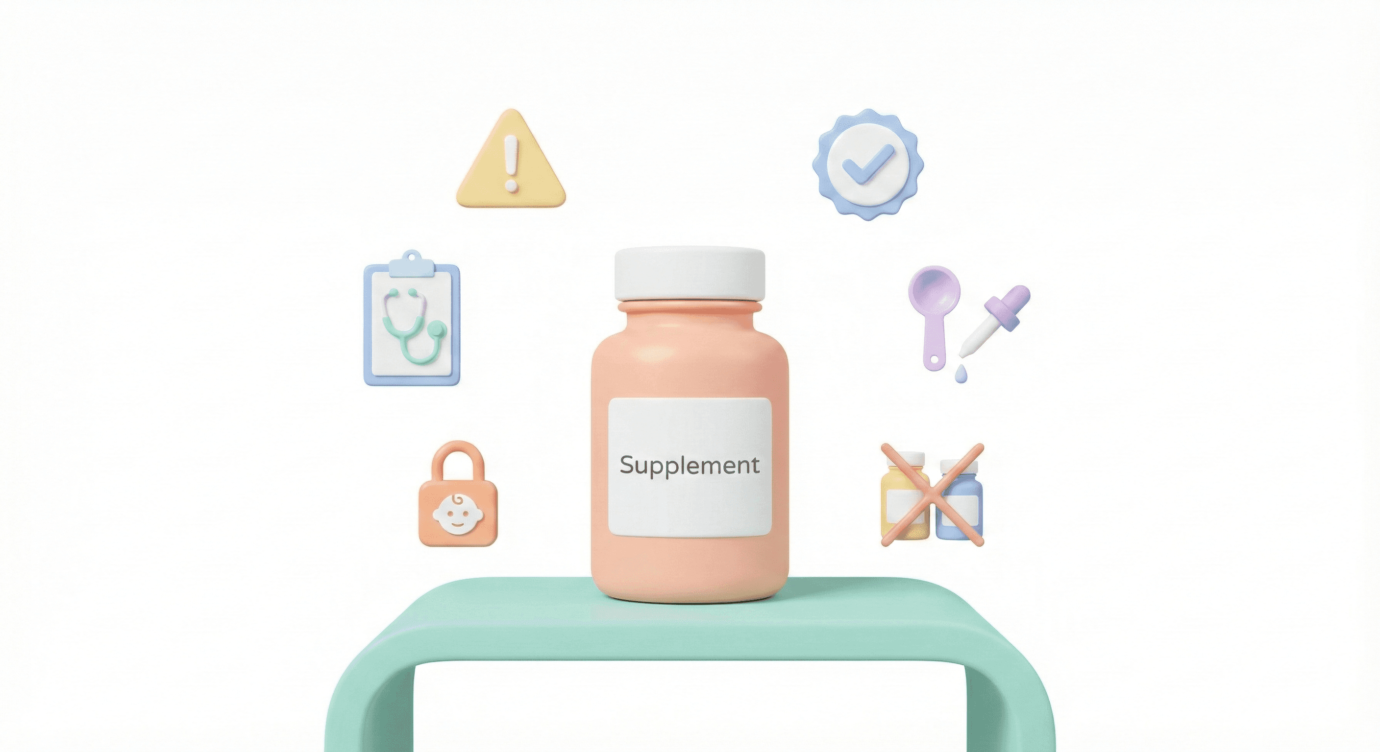 نکات ایمنی مصرف مکمل‌های کودکان همراه با نماد هشدار، دستور پزشک و اندازه‌گیری دقیق در سبک پاستلی