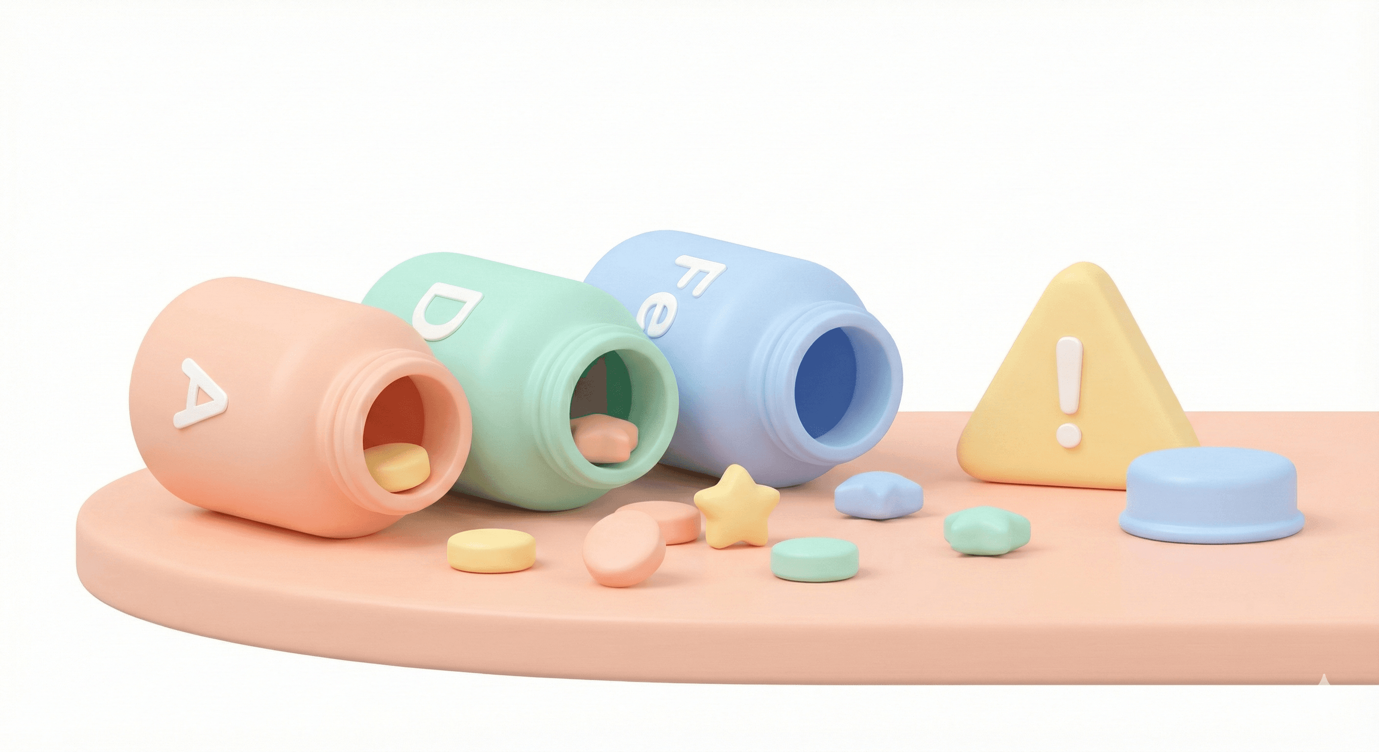 خطر مصرف بیش‌ازحد مکمل‌های کودکان؛ بطری‌های ریخته و قرص‌های رنگی در کنار نماد هشدار، سبک پاستلی