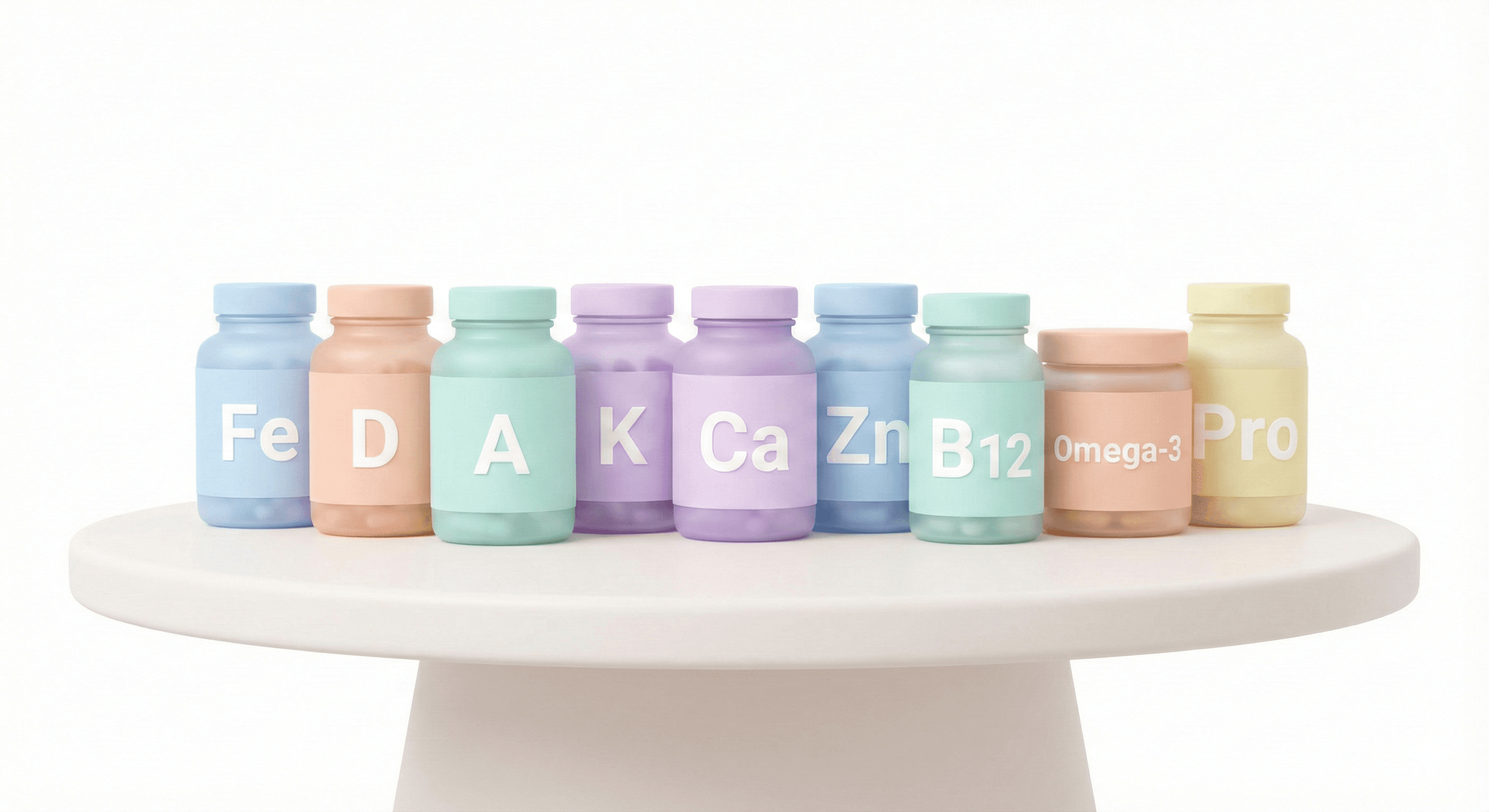 بطری‌های رنگی و پاستلی مکمل‌های ضروری کودکان مانند آهن، ویتامین‌ها و امگا ۳ روی میز سفید