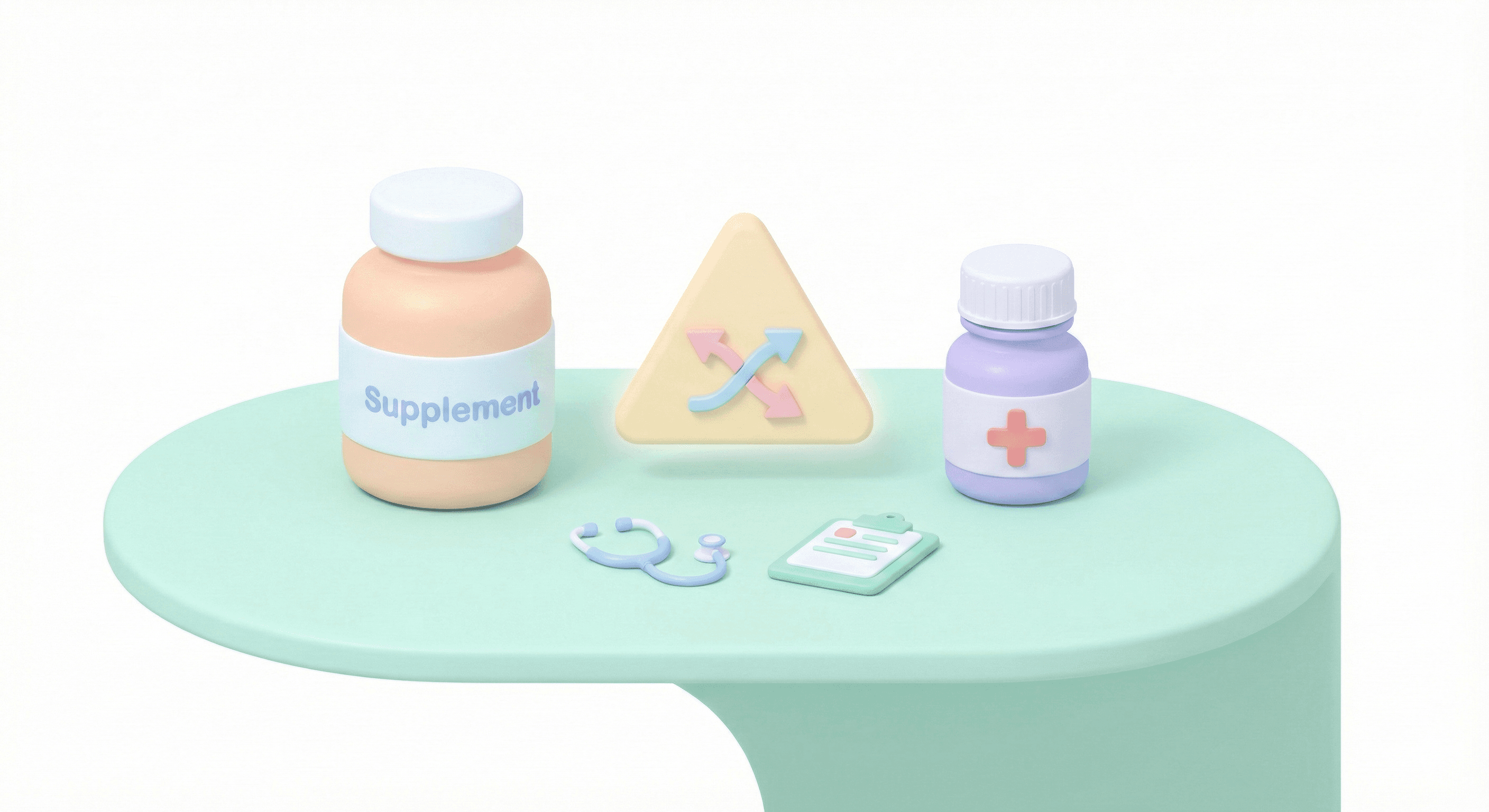 هشدار درباره تداخل مکمل‌ها و داروهای کودکان همراه با نماد هشدار و ابزار پزشکی در سبک پاستلی
