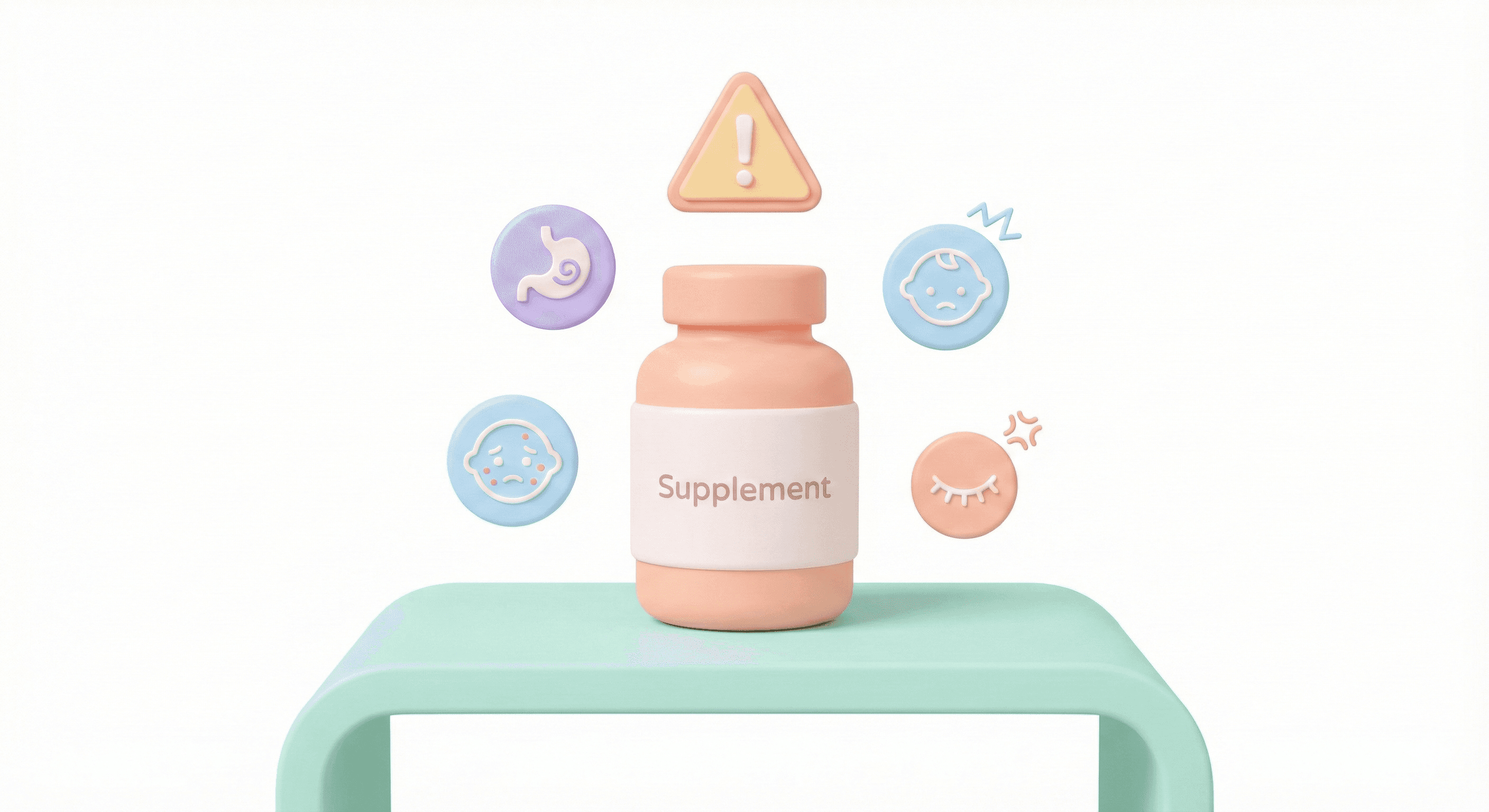 عوارض احتمالی مصرف نادرست مکمل‌های کودکان مانند دل‌درد، آلرژی و بی‌قراری در سبک پاستلی