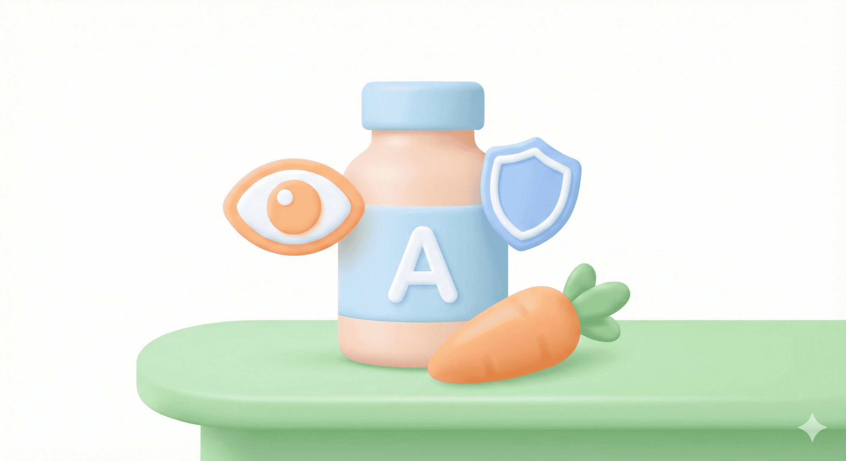 مکمل ویتامین A برای سلامت چشم و تقویت ایمنی کودکان با نماد هویج و سپر در سبک پاستلی