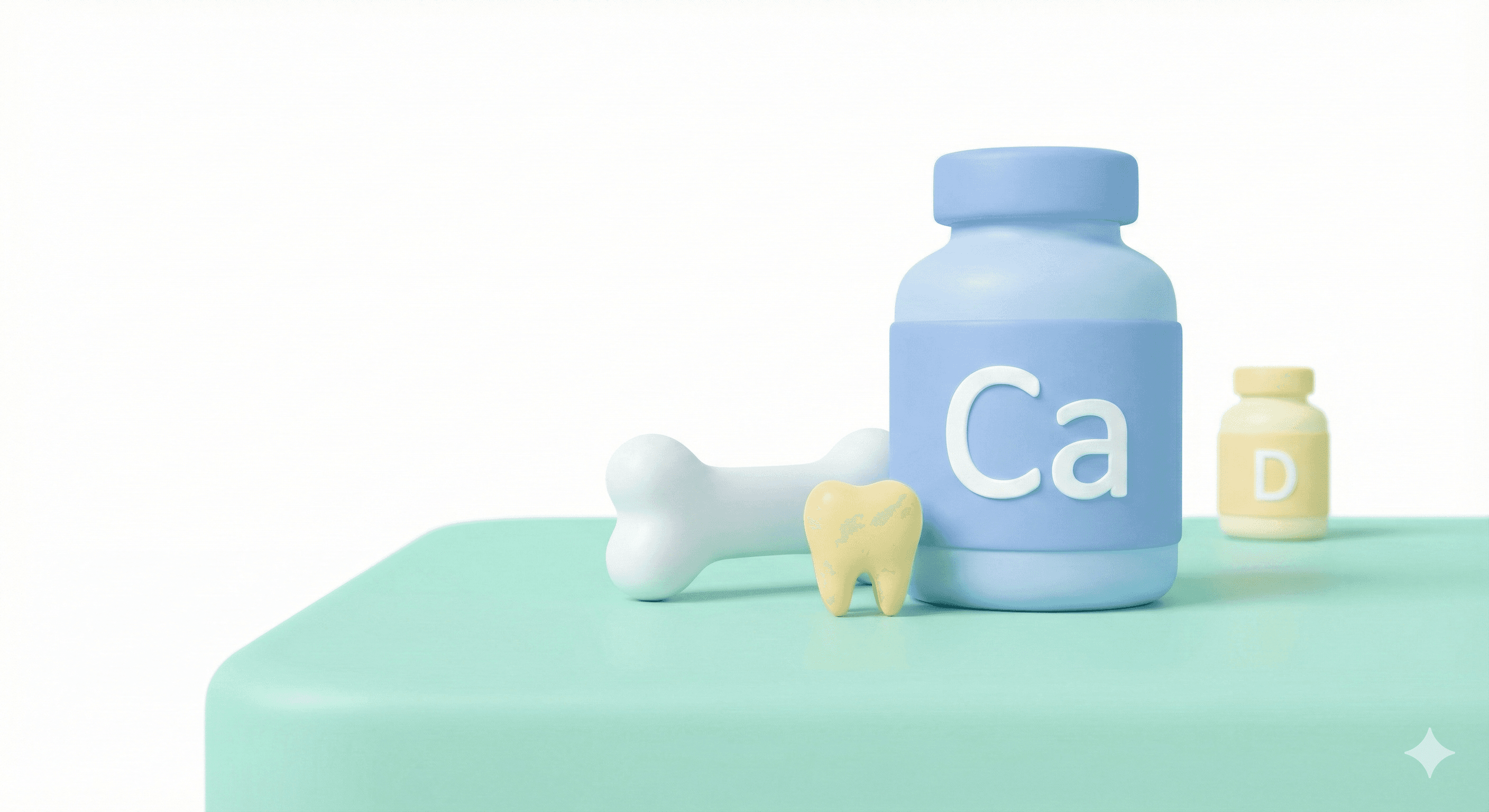 مکمل کلسیم برای تقویت استخوان و دندان کودکان در کنار نماد استخوان و دندان، سبک پاستلی