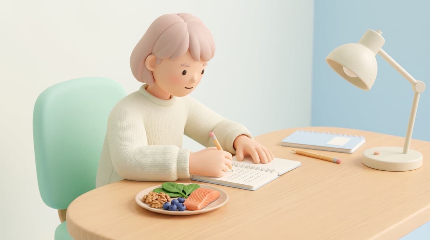 نوجوان در حال مطالعه پشت میز همراه با خوراکی‌های مفید برای مغز مانند ماهی، مغزها، اسفناج و بلوبری در سبک سه‌بعدی پاستلی