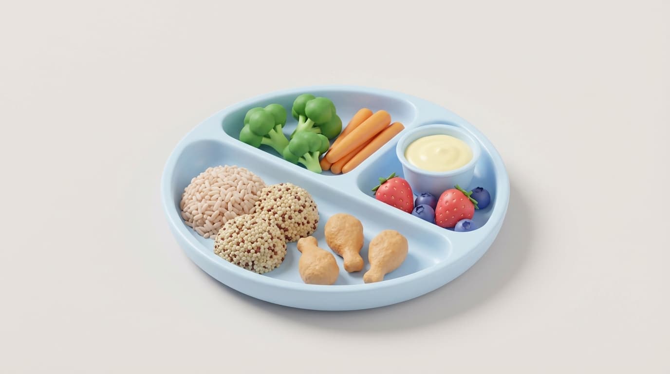 بشقاب غذای سالم نوجوان شامل سبزیجات، غلات، تکه‌های مرغ، توت‌ها و ماست در سبک سه‌بعدی پاستلی