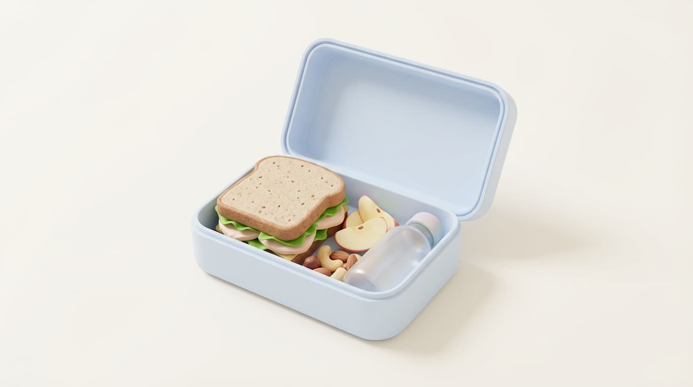 جعبه نهار سالم نوجوان شامل ساندویچ، برش‌های سیب، مغزها و بطری آب در سبک سه‌بعدی پاستلی