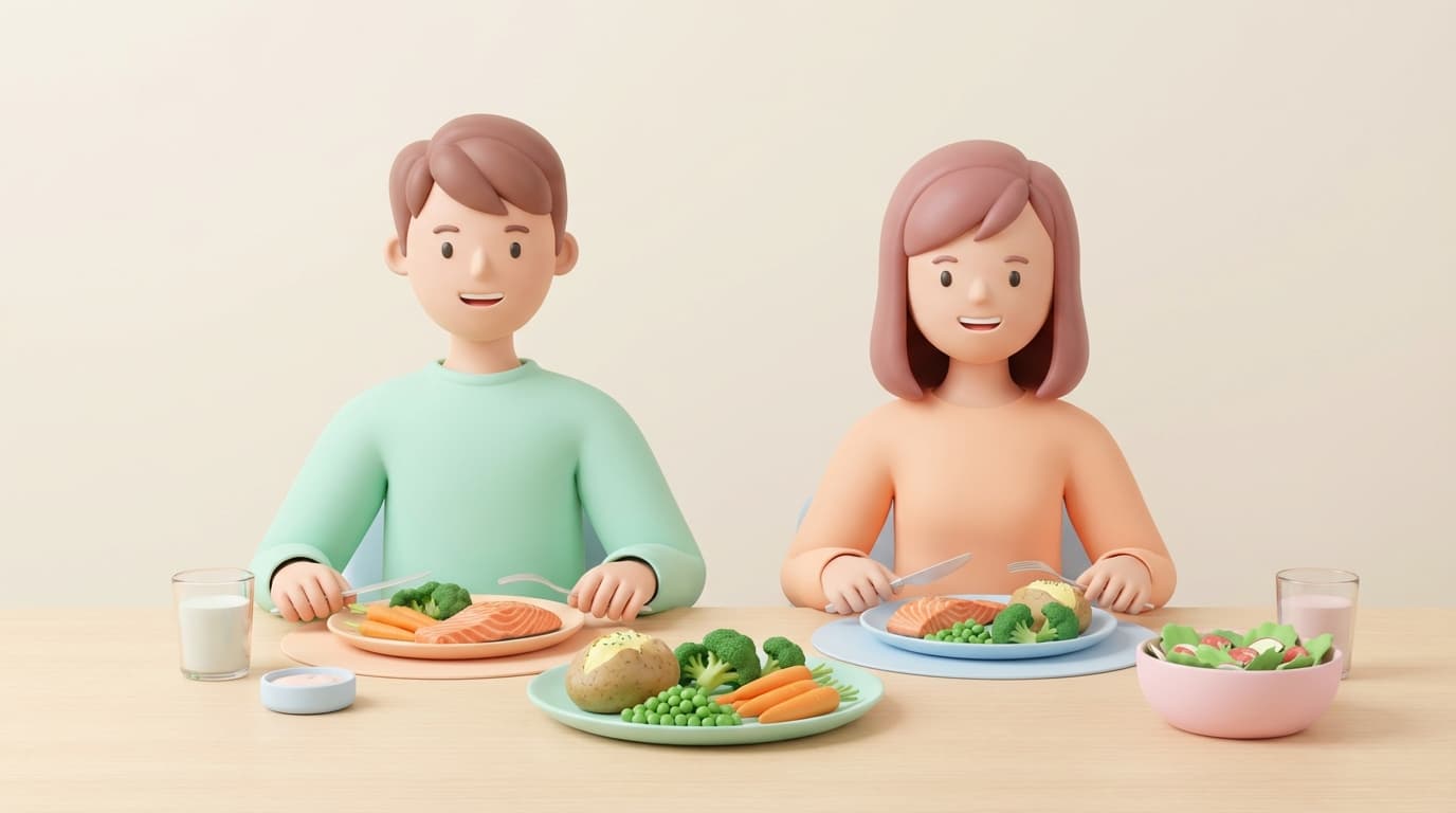 پسر و دختر نوجوان در حال خوردن وعده غذایی سالم با ماهی، سبزیجات و شیر در سبک سه‌بعدی پاستلی