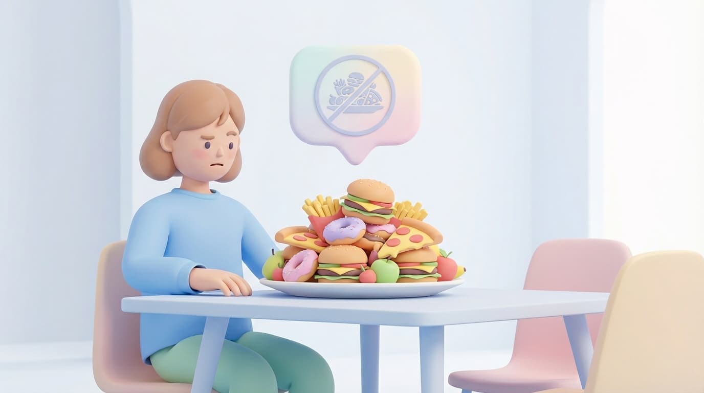 نوجوان ناراضی روبه‌روی بشقاب فست‌فود با نماد ممنوعیت غذای ناسالم در سبک سه‌بعدی پاستلی