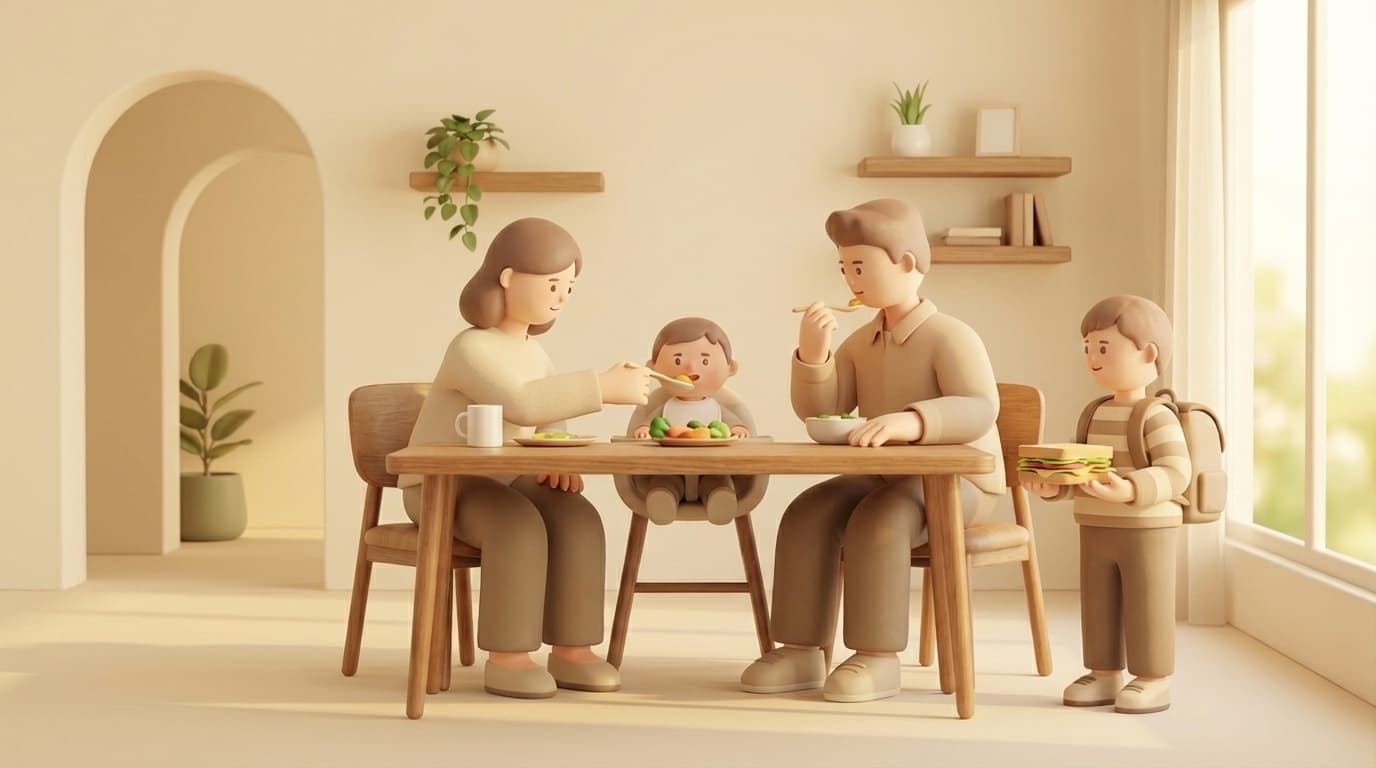 خانواده در حال تغذیه سالم کودک و آمادهسازی غذای کودک