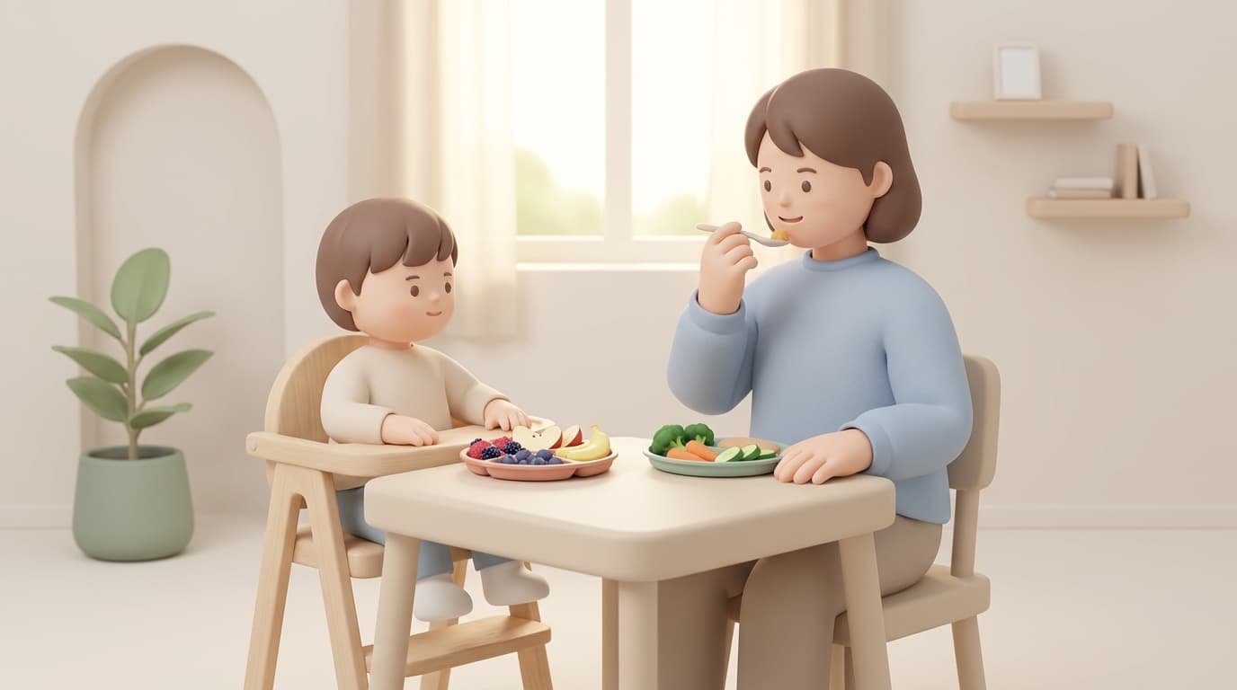 مادر و کودک در حال خوردن غذای سالم و میوهها