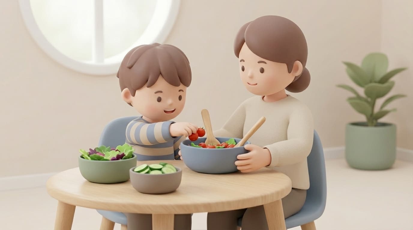 کودک و مادر در حال آمادهکردن سالاد و انتخاب غذای سالم