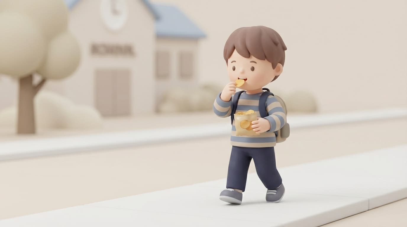 کودک در راه مدرسه در حال خوردن خوراکی ناسالم