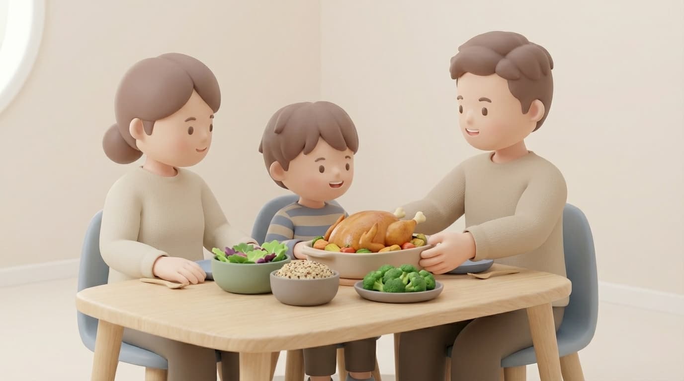 خانواده در حال خوردن غذای سالم و خانگی همراه کودک