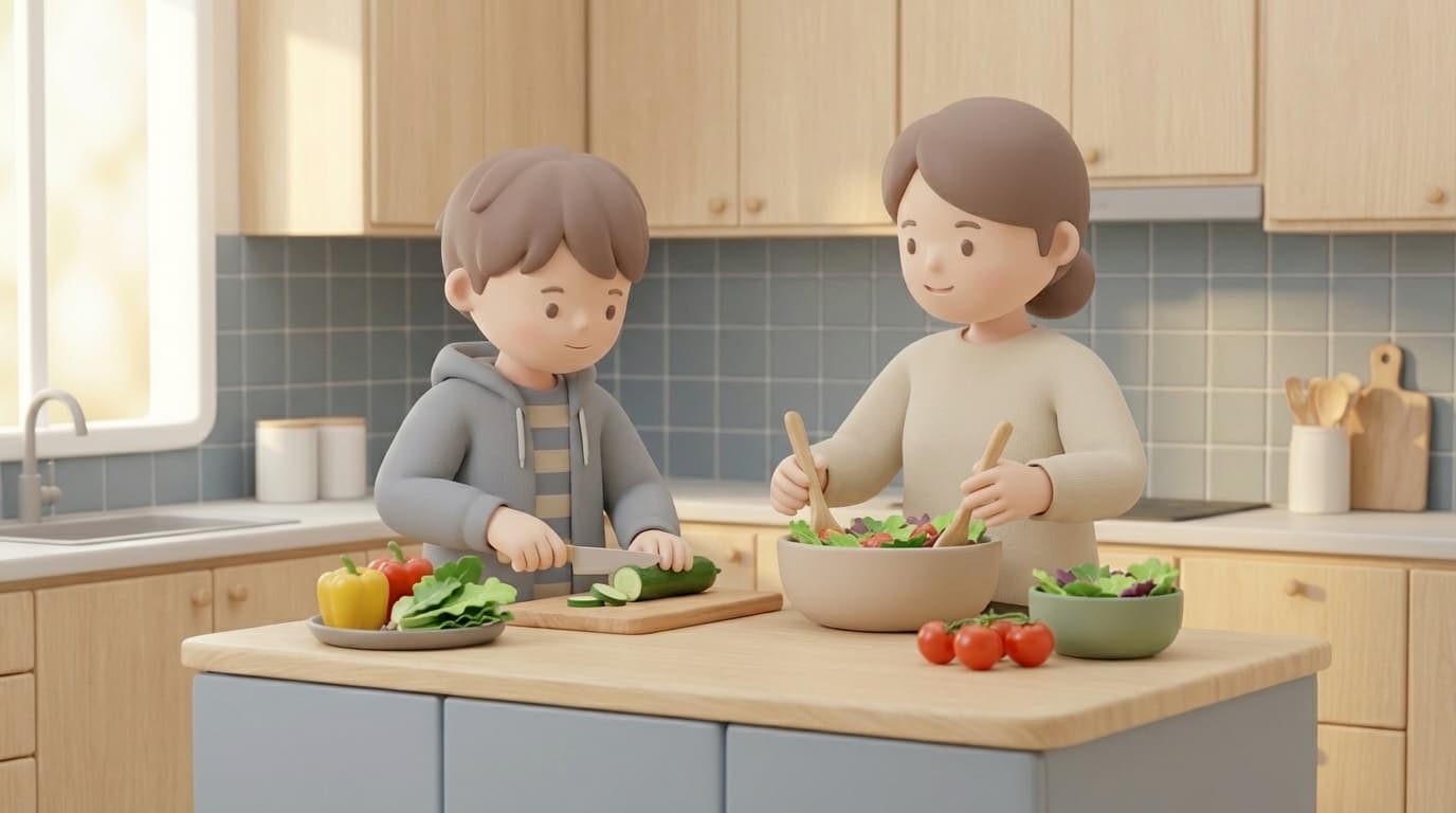کودک و والدین در حال آمادهکردن سالاد و انتخاب غذای سالم