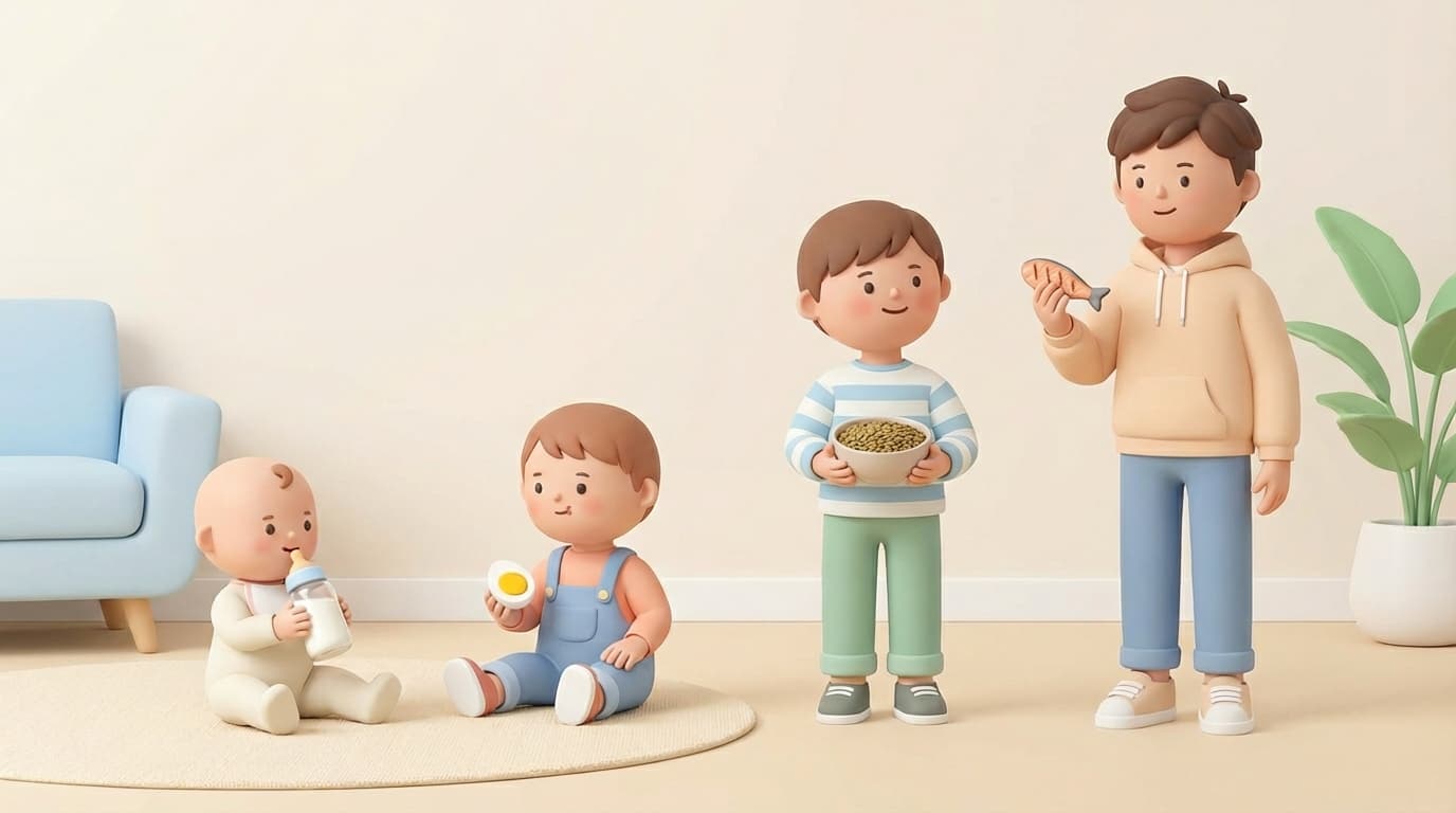 کودکان در سنین مختلف با منابع پروتئین سالم مثل شیر، تخممرغ، حبوبات و ماهی برای رشد قد