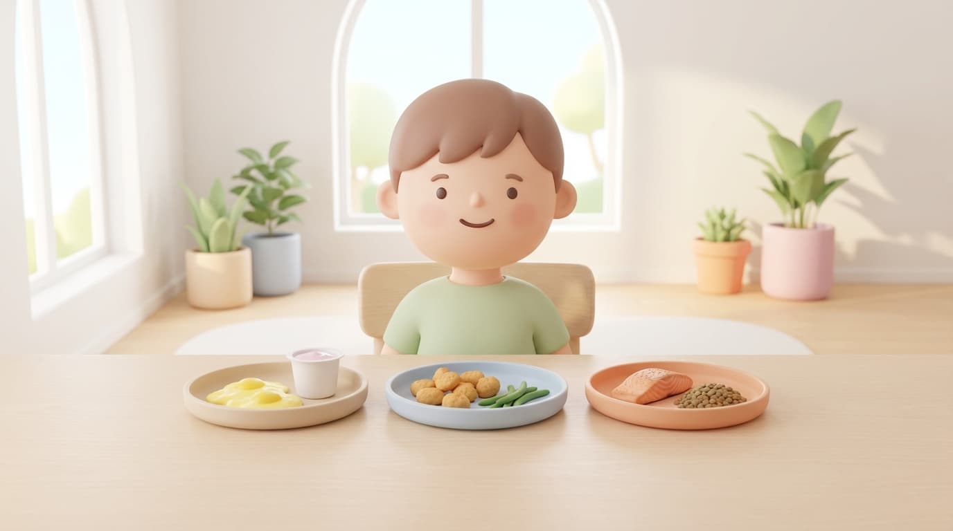 کودک با بشقابهای پروتئینی سالم شامل تخممرغ، ماهی، حبوبات و سبزیجات در سه وعده متفاوت