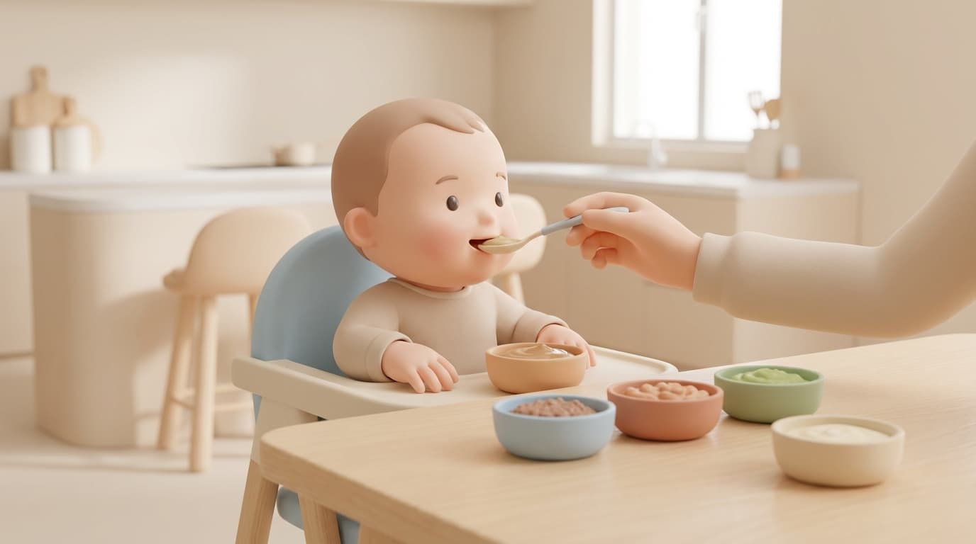 نوزاد در حال خوردن غذای کمکی پروتئینی مثل پوره و ماست برای شروع تغذیه تکمیلی