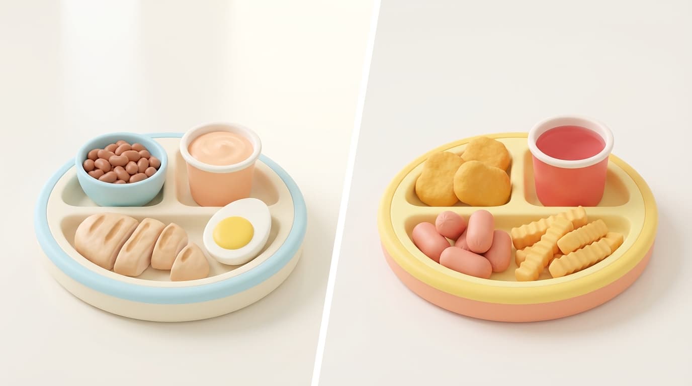 مقایسه وعده پروتئینی سالم کودک با غذای ناسالم و فرآوریشده