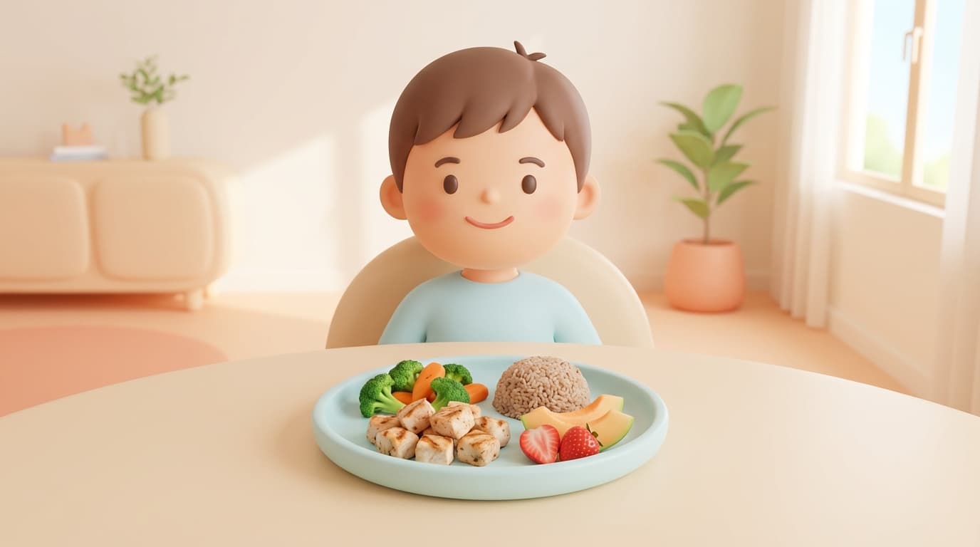 کودک با بشقاب غذای سالم شامل مرغ، سبزیجات و میوه برای رشد بهتر