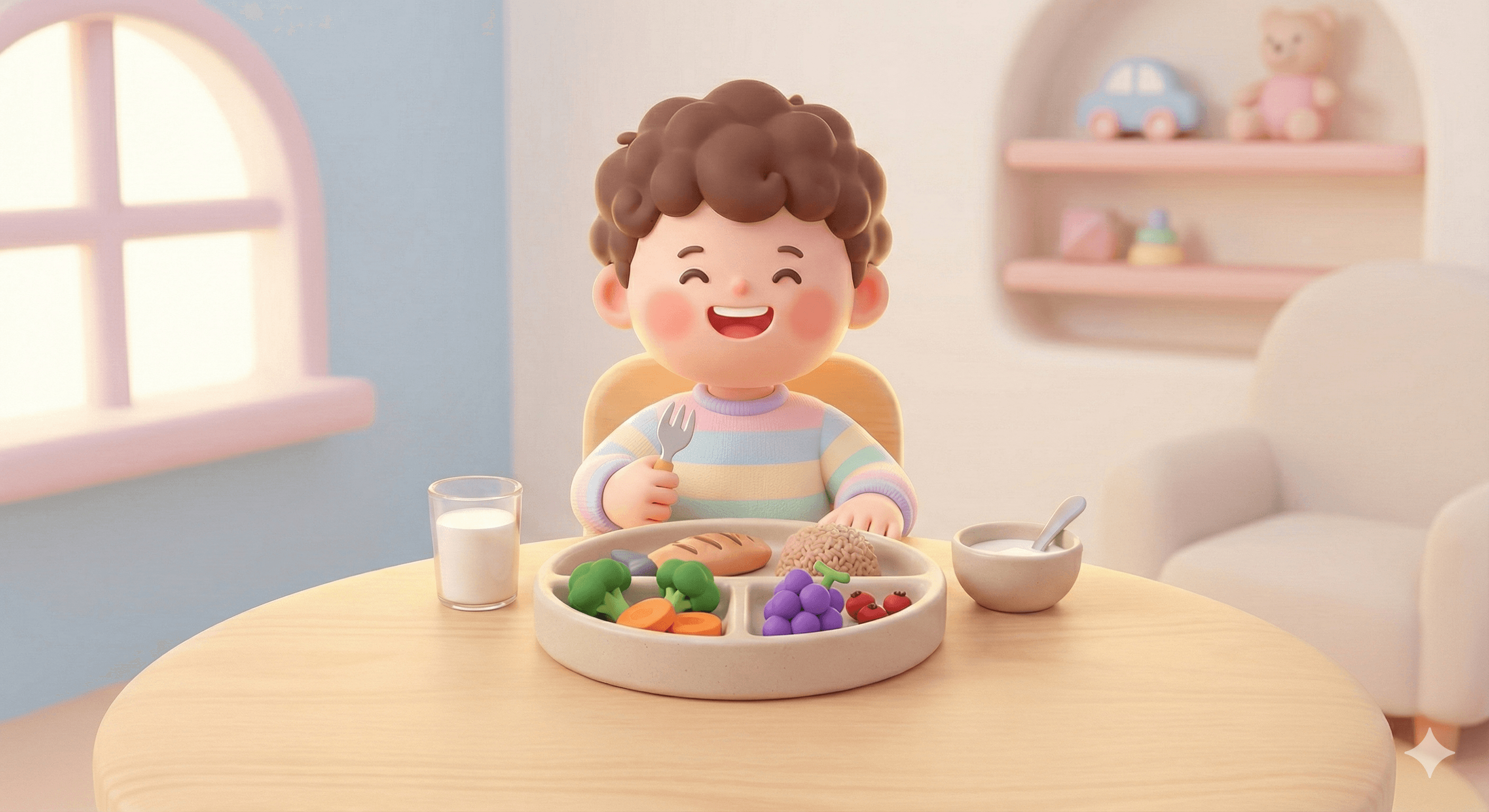 کودک شاد در حال خوردن غذای سالم و رنگارنگ برای رشد و تغذیه مناسب
