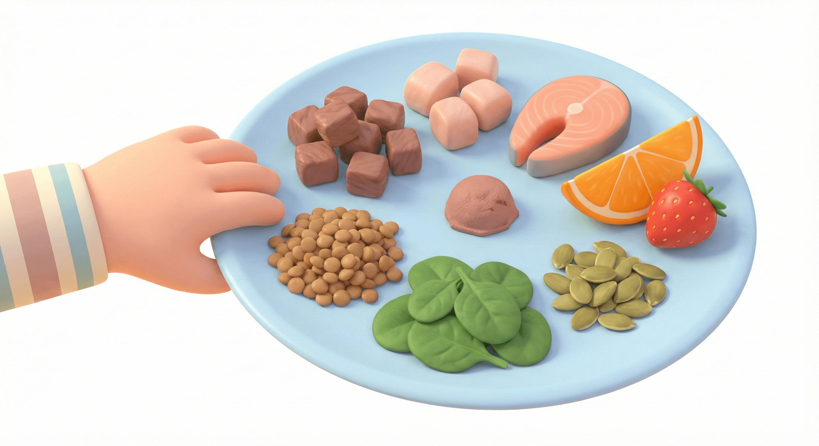 بشقاب سرشار از منابع آهن شامل گوشت، عدس، ماهی، تخممرغ و سبزیجات برای افزایش انرژی و رشد کودک