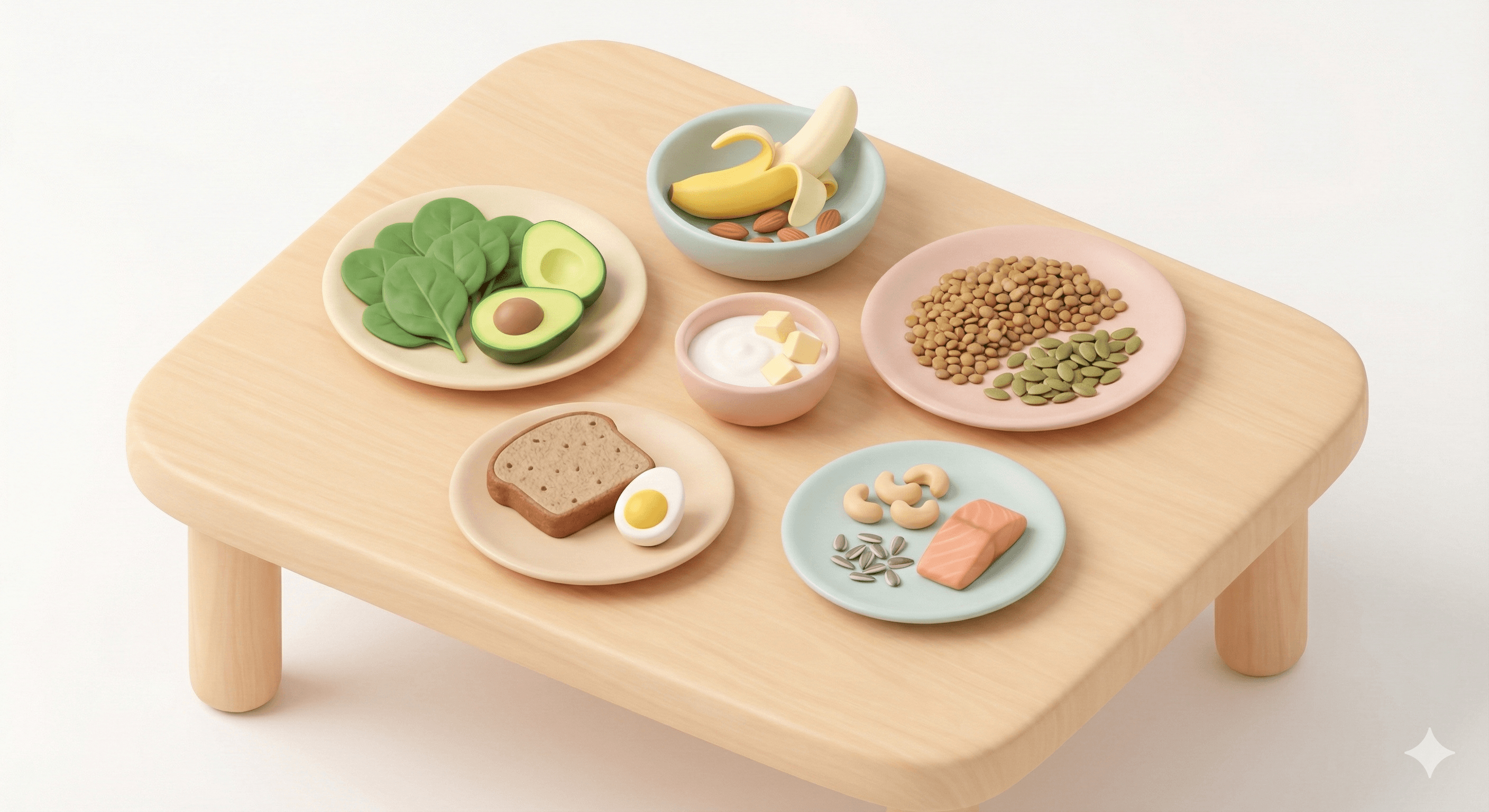 مجموعهای از غذاهای سالم شامل سبزیجات، غلات، لبنیات، مغزها و ماهی برای تغذیه و رشد کودک