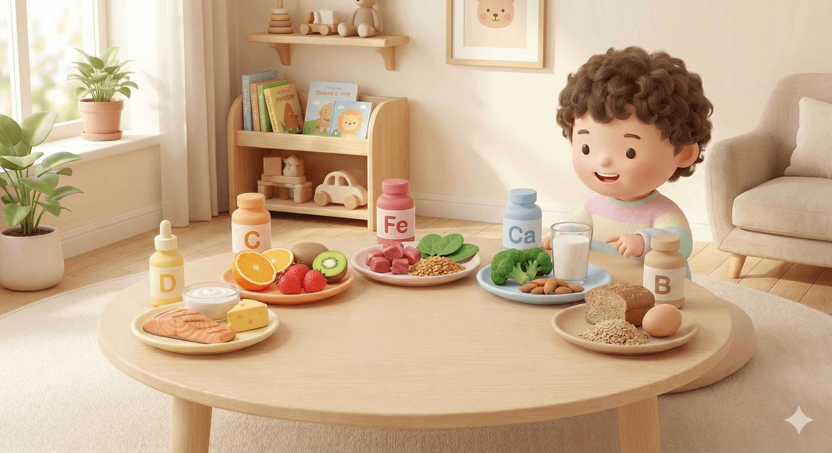 کودک در حال یادگیری ویتامینها و مواد معدنی همراه با غذاهای سالم برای رشد و تقویت بدن