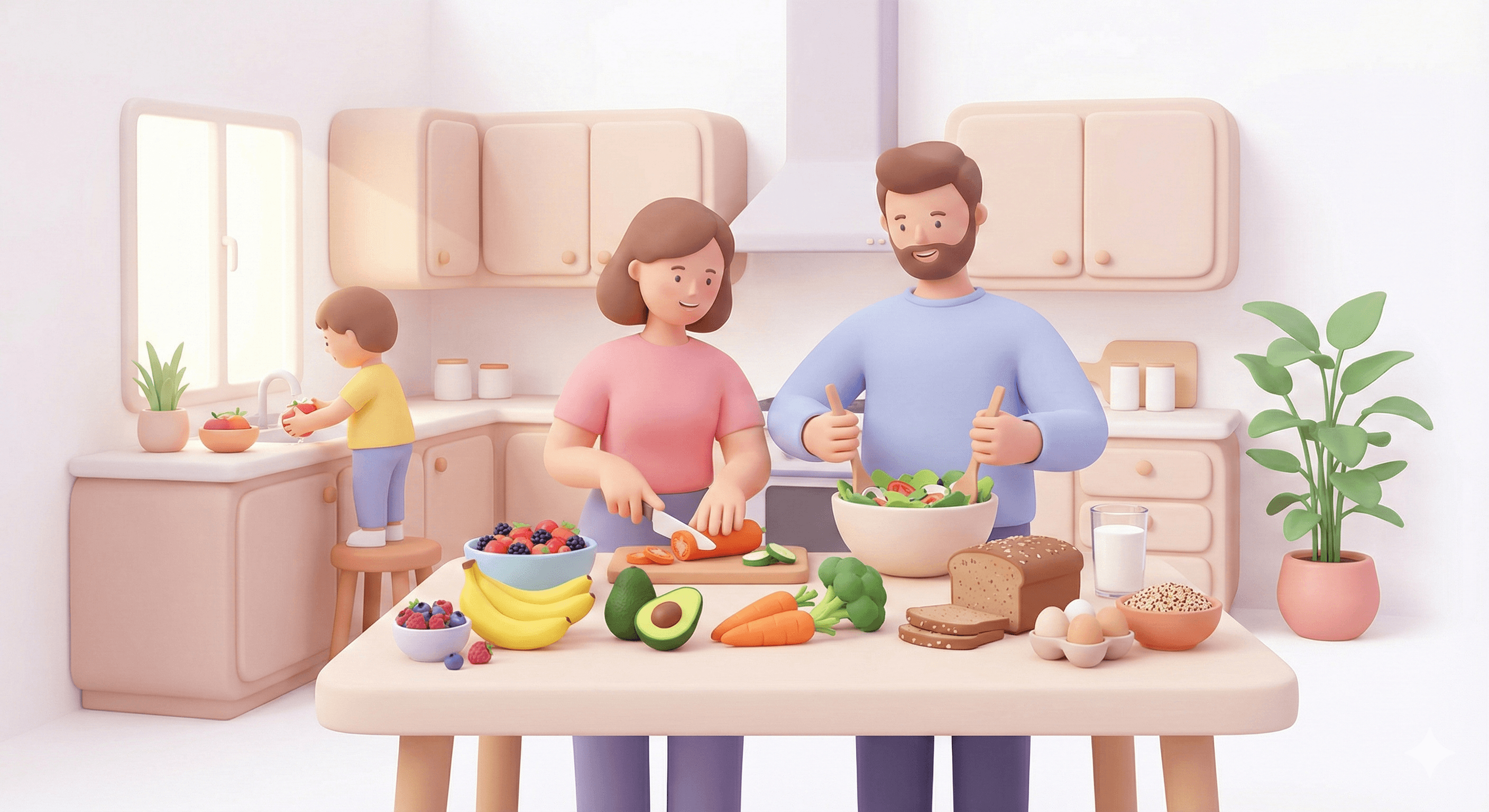 خانواده در حال آمادهسازی غذای سالم و سرشار از ویتامین برای رشد کودک