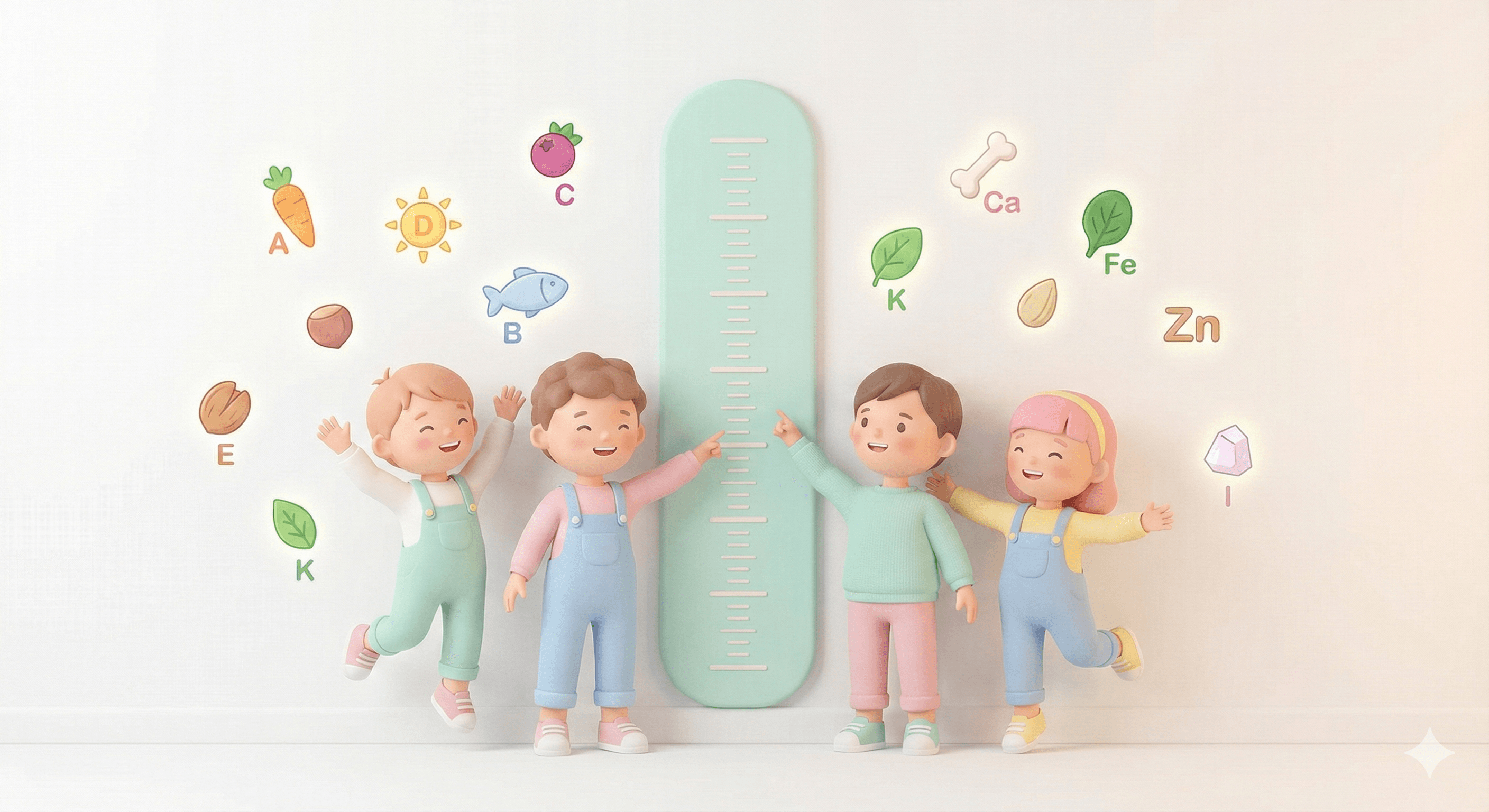 کودکان کنار قدسنج با نماد ویتامینها و مواد معدنی ضروری برای رشد سالم