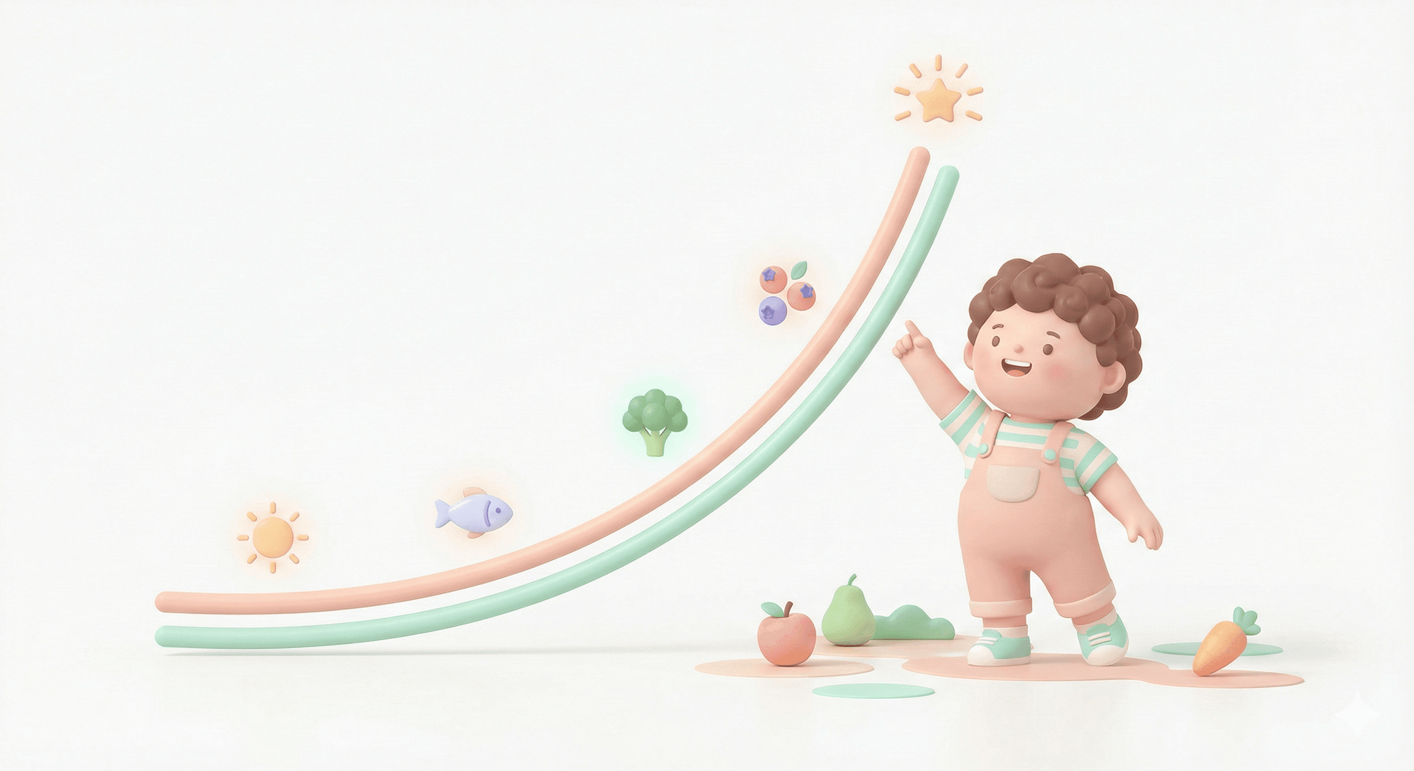 کودک شاد کنار نمودار رشد و مواد غذایی مفید برای تقویت قد و سلامت