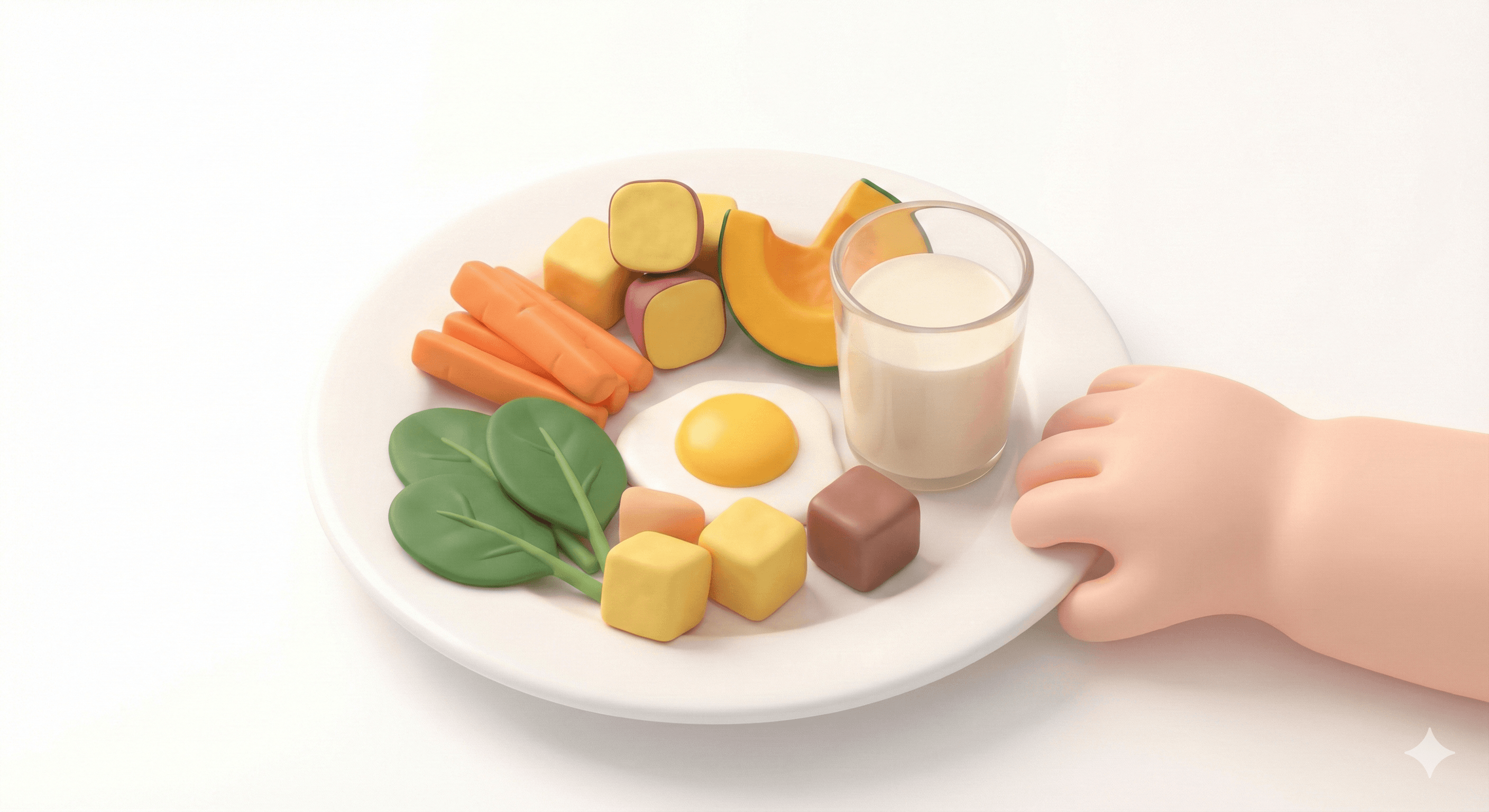 بشقاب غذای سالم کودک شامل سبزیجات، تخممرغ و شیر برای رشد و تقویت بدن