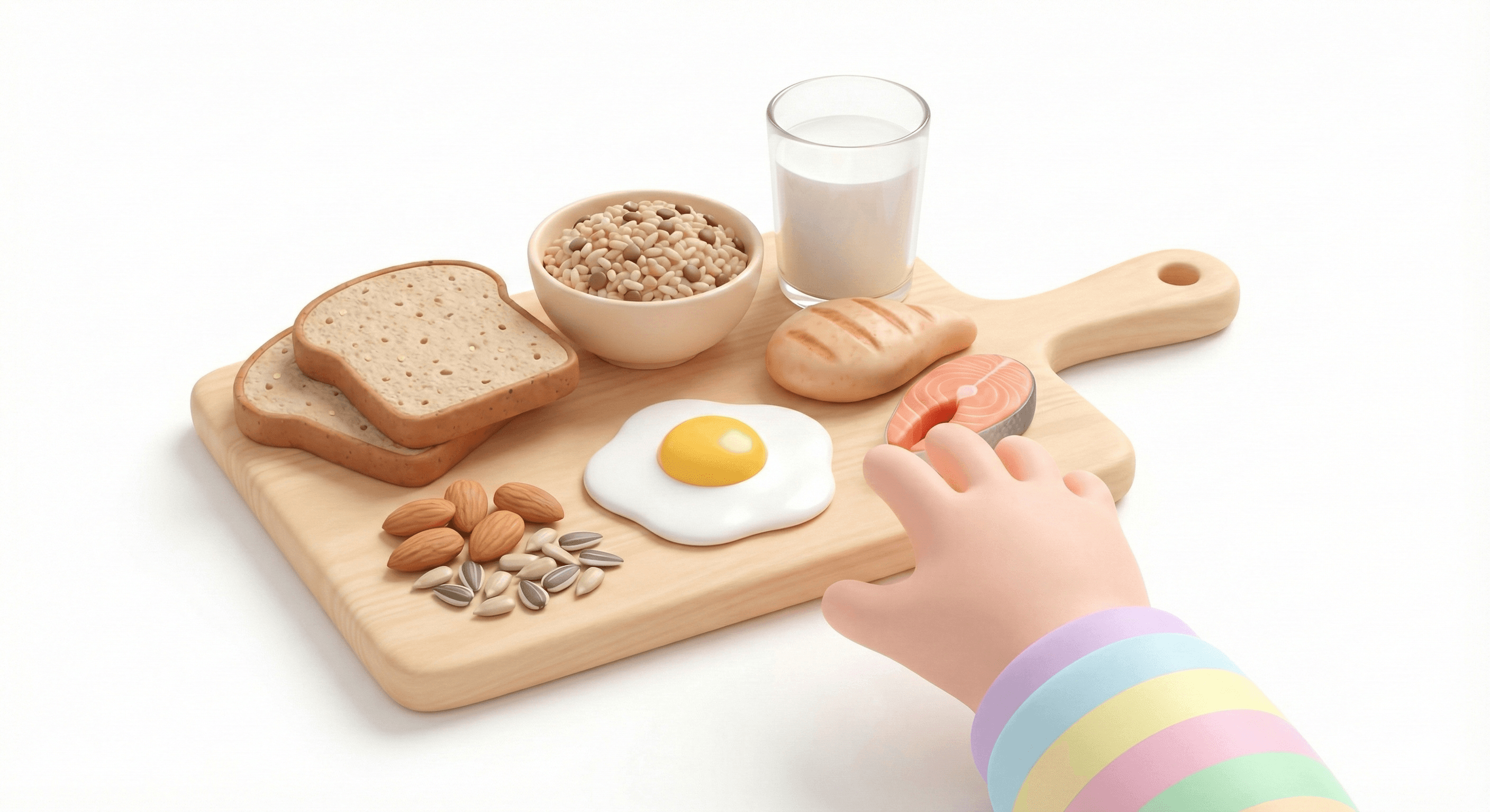 صبحانه سالم کودک شامل نان سبوسدار، تخممرغ، غلات کامل، ماهی و آجیل برای رشد