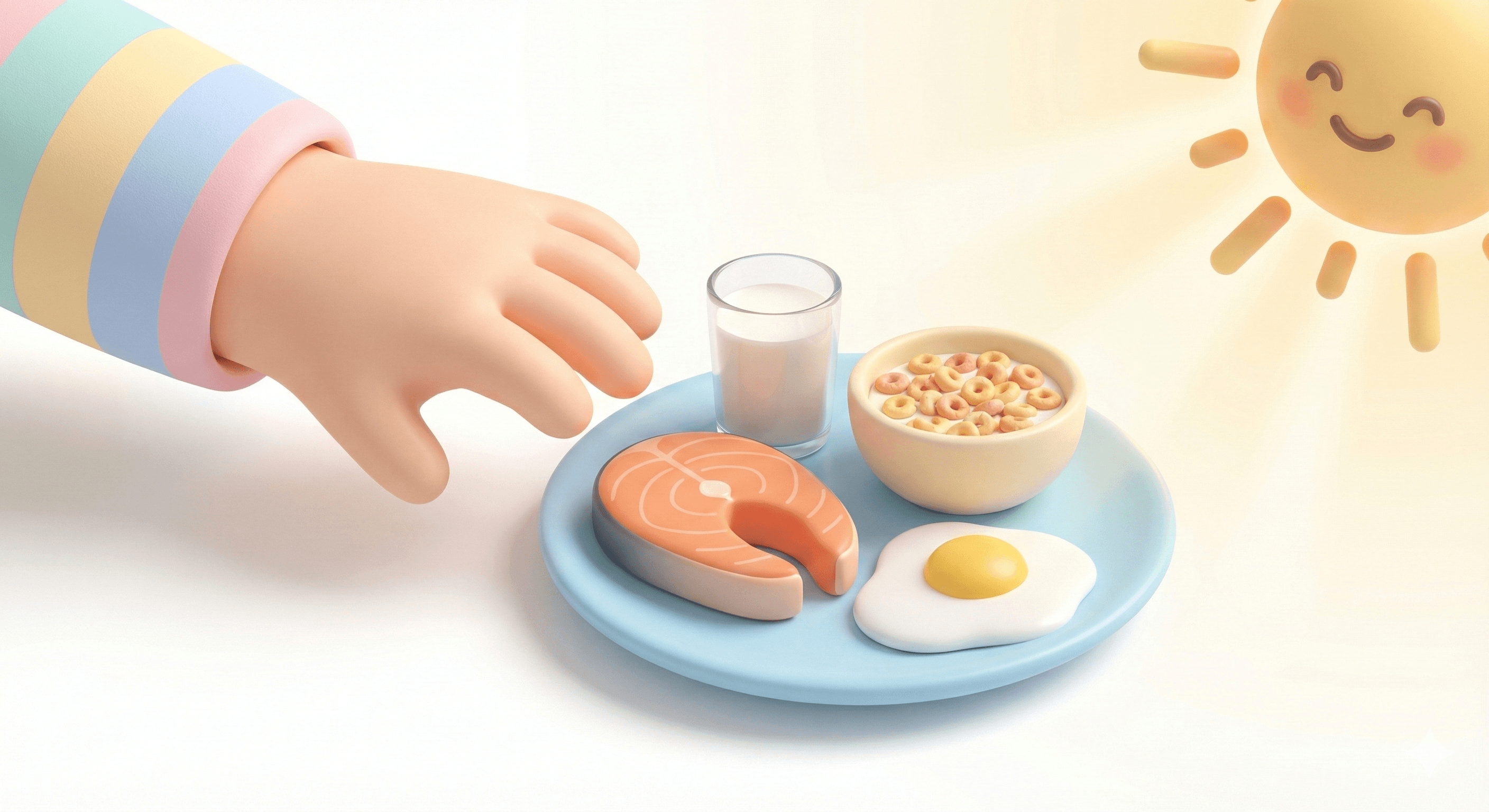 صبحانه سالم کودک با ماهی سالمون، شیر، غلات و تخممرغ برای تقویت رشد و انرژی