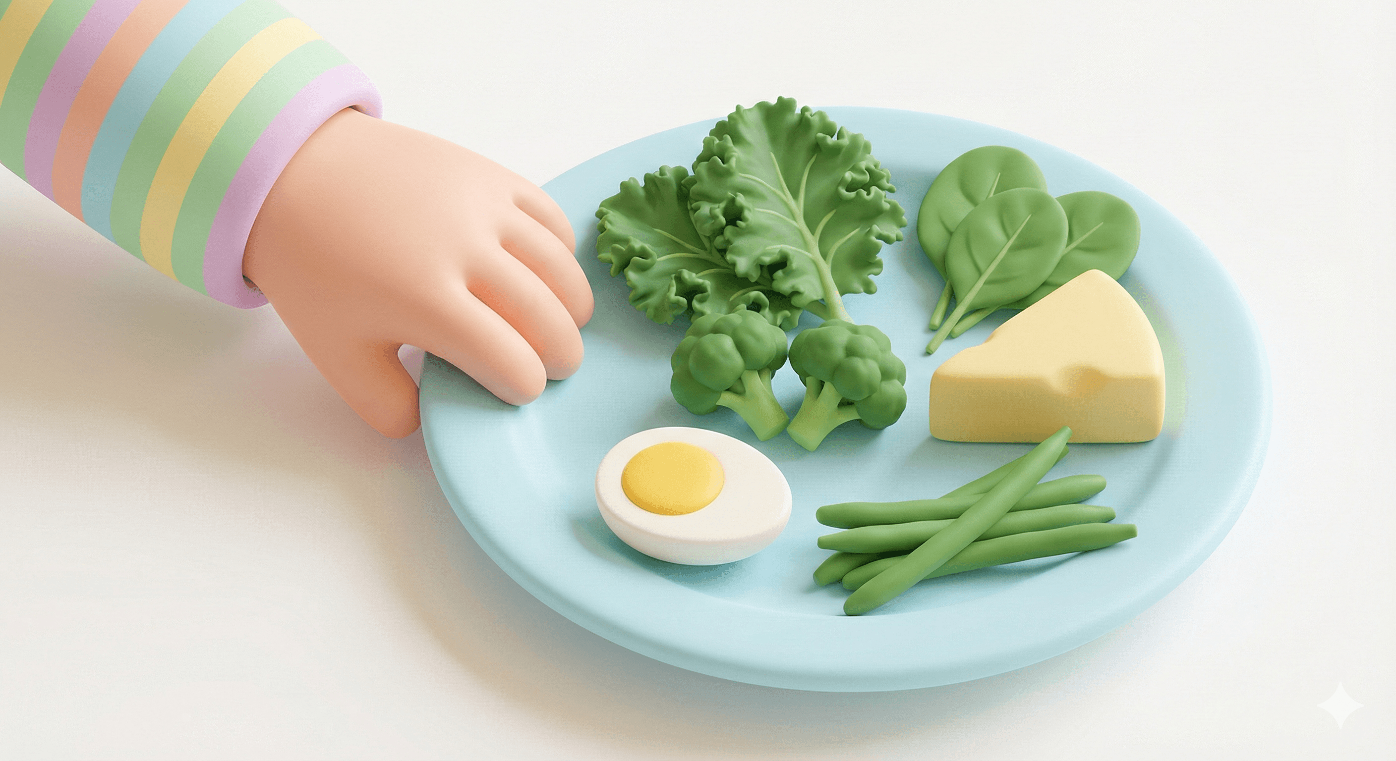 بشقاب سبزیجات برگدار، بروکلی، تخممرغ و پنیر؛ غذاهای مفید برای رشد کودک