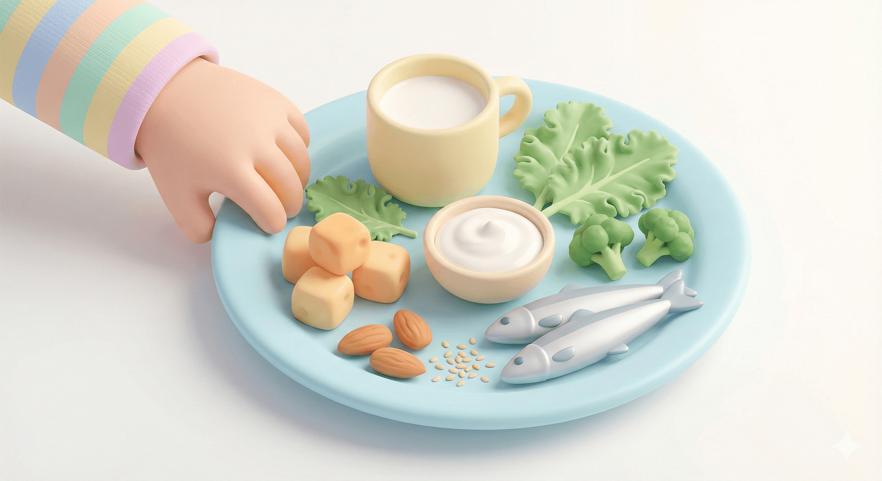 بشقاب شامل لبنیات، سبزیجات، آجیل و ماهی؛ منابع سرشار از کلسیم برای رشد استخوانهای کودک